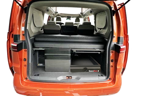 Rear boot open, with SpaceMate installed along side the kitchen